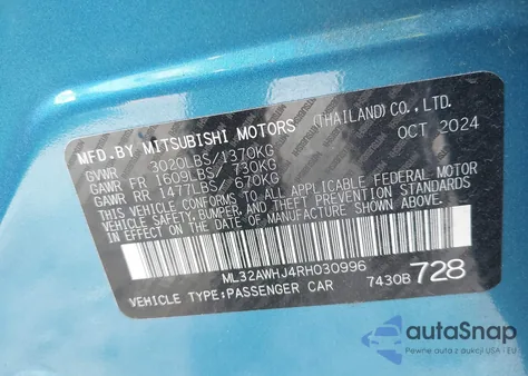 2024 Mitsubishi Mirage Black Edition z USA, uszkodzony, nr VIN ML32AWHJ4RH030996